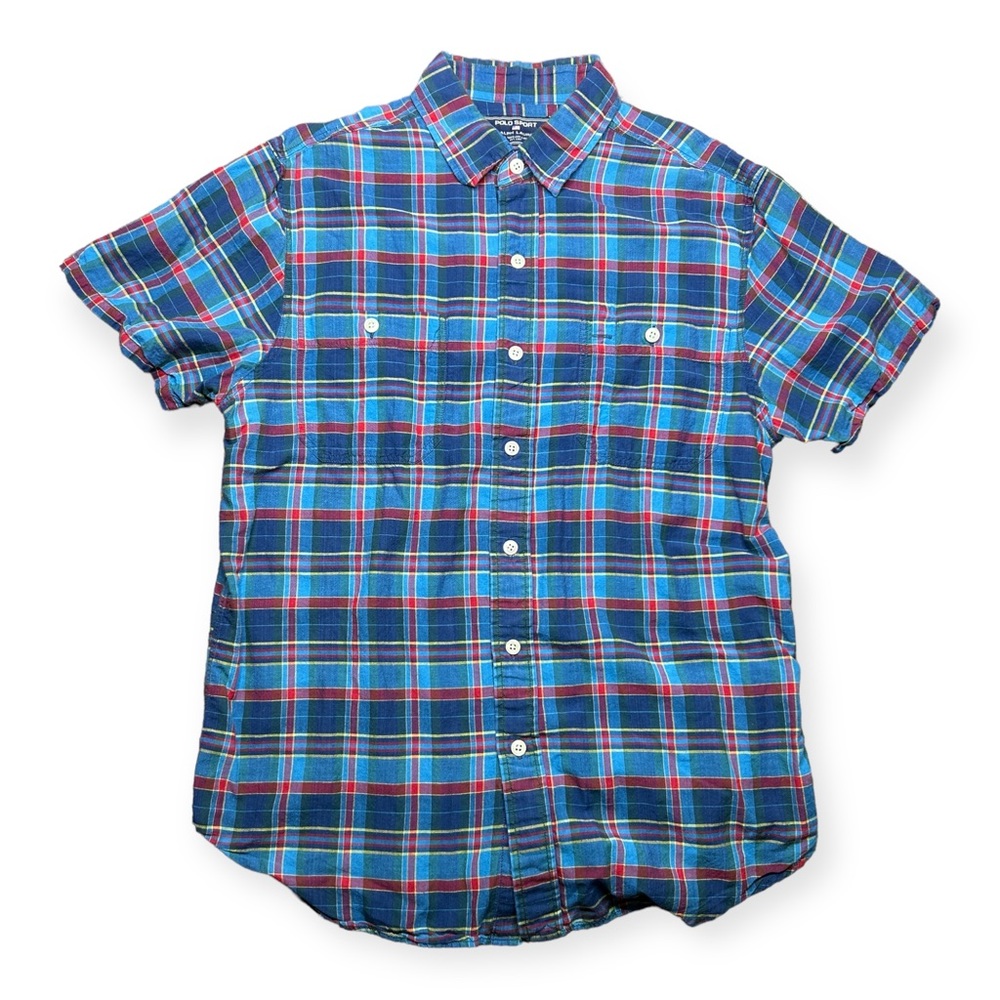Polo Sport Ralph Lauren Blue Plaid Short Sleeve Button Down Size Large vintage